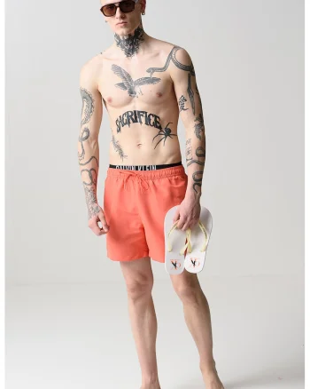 Pantaloni scurti de baie cu snur si banda logo, Roz aprins