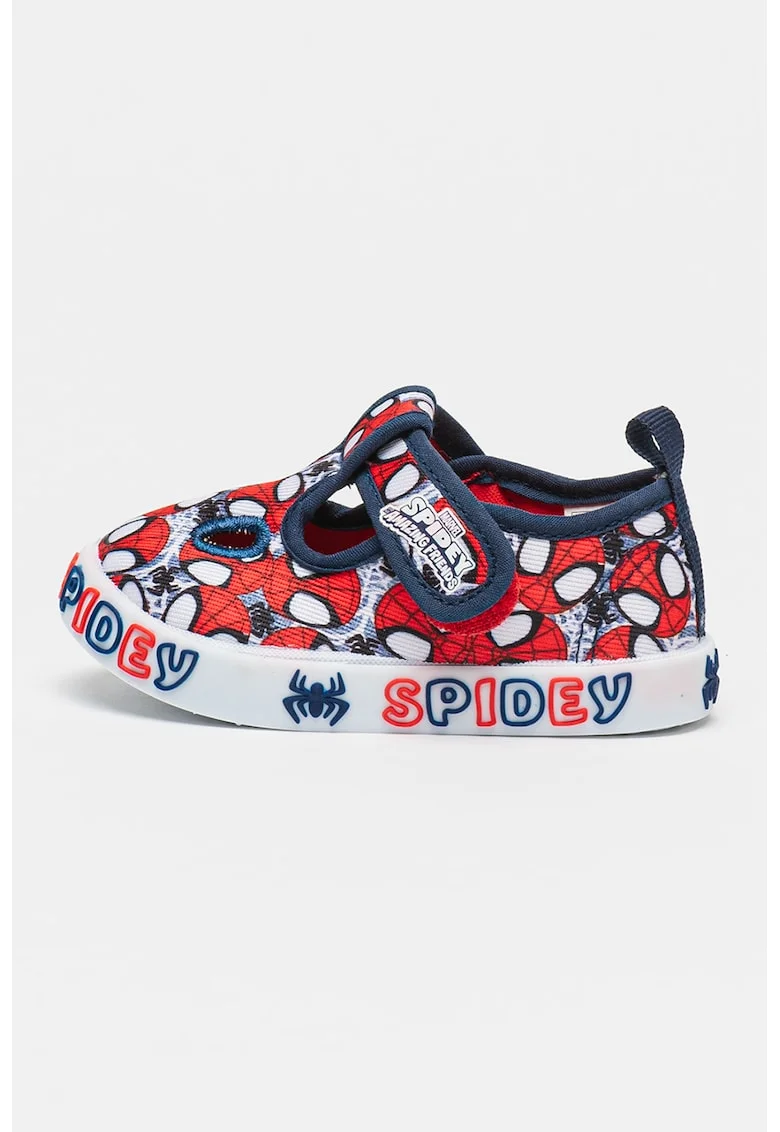 Pantofi din material textil cu inchidere velcro si imprimeu cu desene animate, Rosu/Alb optic/Bleumarin