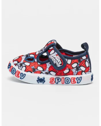 Pantofi din material textil cu inchidere velcro si imprimeu cu desene animate, Rosu/Alb optic/Bleumarin