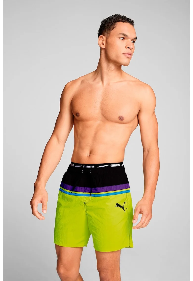 Pantaloni scurti de baie cu model colorblock, Negru/Verde lime