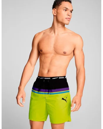 Pantaloni scurti de baie cu model colorblock, Negru/Verde lime