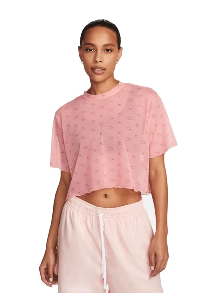 Tricou crop din plasa cu imprimeu logo Air, Roz pal