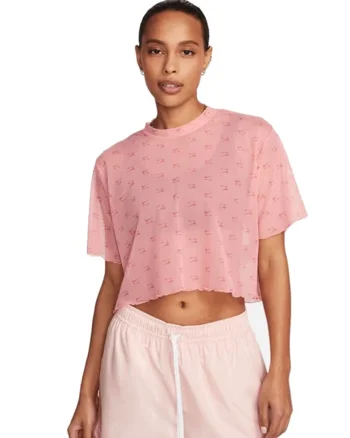 Tricou crop din plasa cu imprimeu logo Air, Roz pal