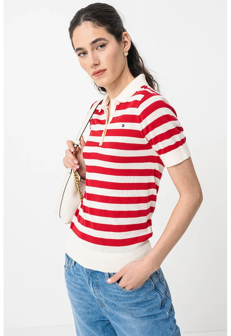 Pulover polo din amestec de lyocell cu maneci scurte, Alb fildes/Rosu vermillion