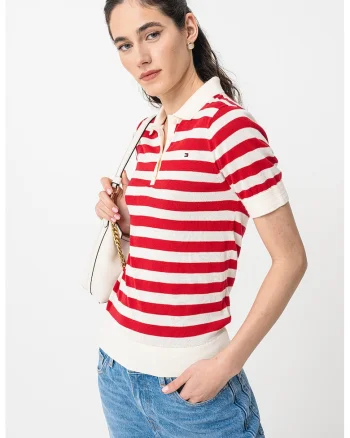Pulover polo din amestec de lyocell cu maneci scurte, Alb fildes/Rosu vermillion
