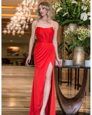 Rochie lunga din satin, Rosu