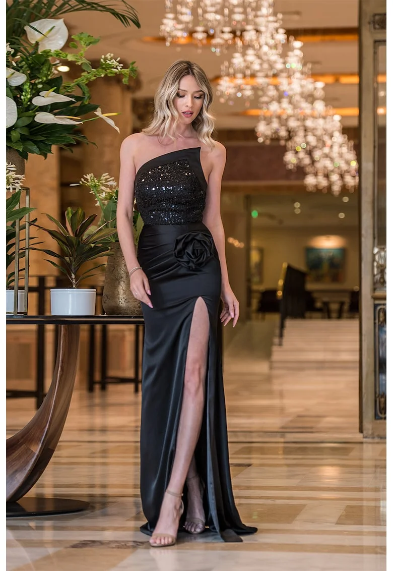 Rochie lunga cu aplicatie florala Clarice, Negru