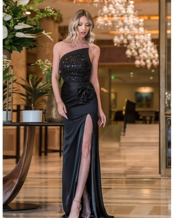 Rochie lunga cu aplicatie florala Clarice, Negru
