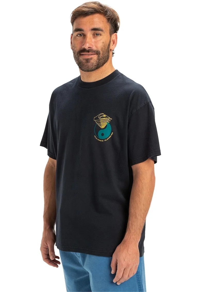 Tricou lejer cu model grafic pe spate, Negru/Galben/Verde persan