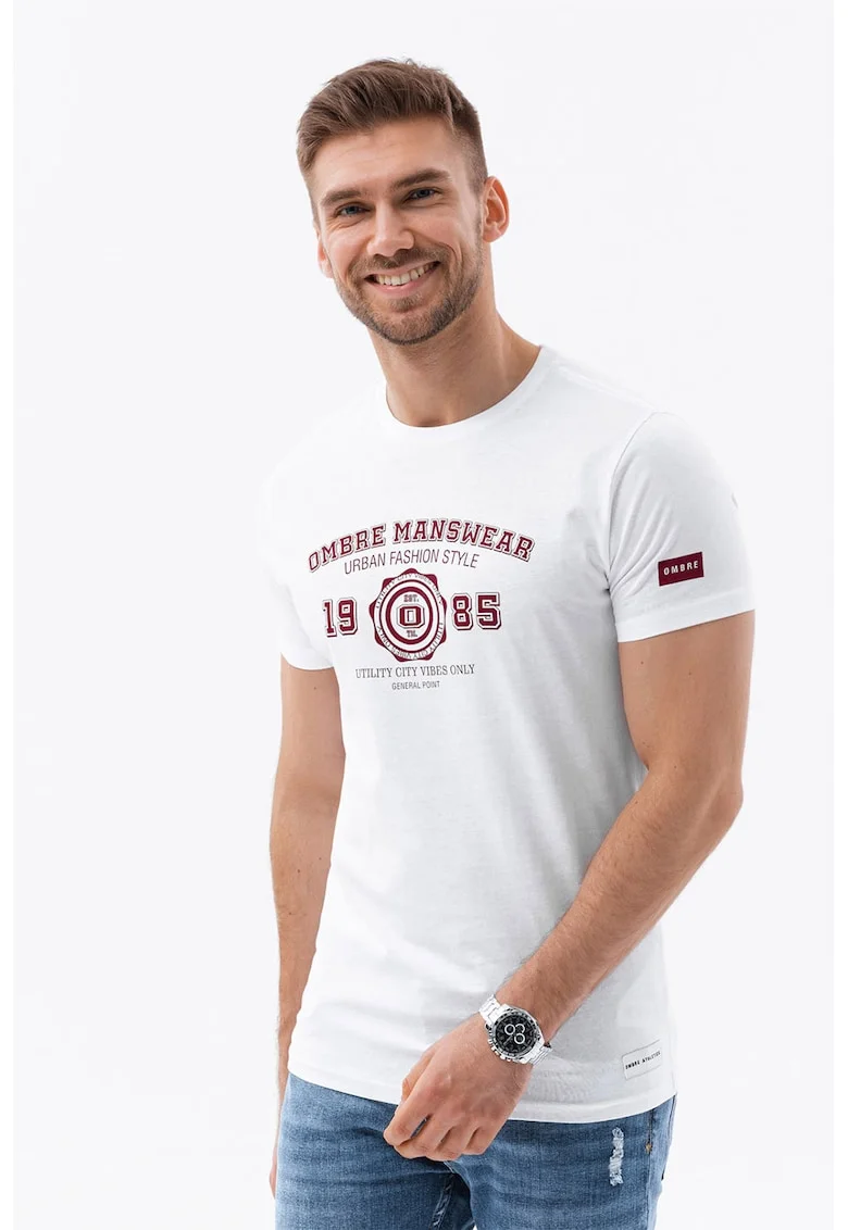 Tricou regular fit din bumbac cu imprimeu text, Rosu/Alb