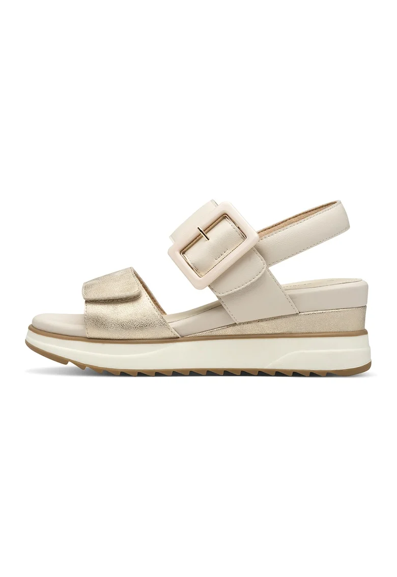 Sandale wedge cu garnituri din piele ecologica, Auriu/Bej deschis