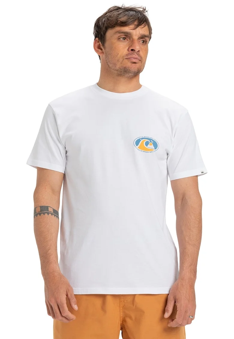 Tricou cu decolteu la baza gatului si imprimeu pe spate, Alb/Portocaliu/Albastru lavanda