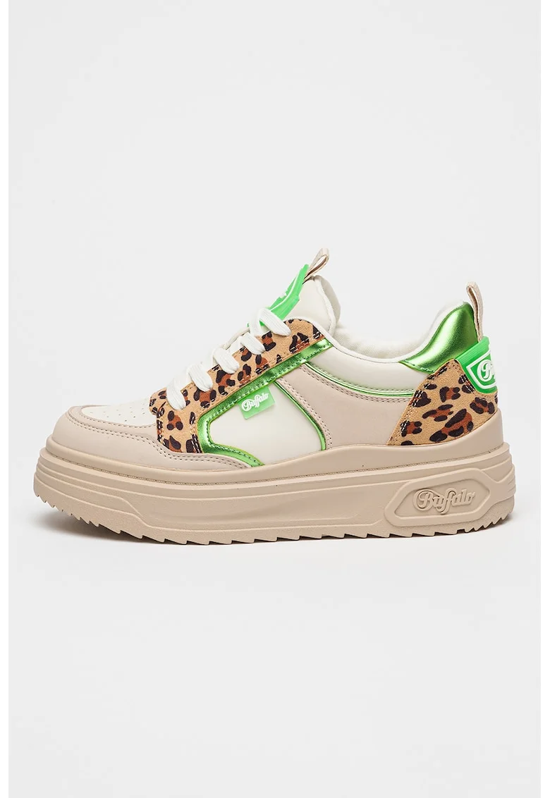 Pantofi sport flatform cu animal print, Alb/Verde/Maro nisip