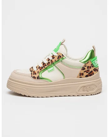 Pantofi sport flatform cu animal print, Alb/Verde/Maro nisip