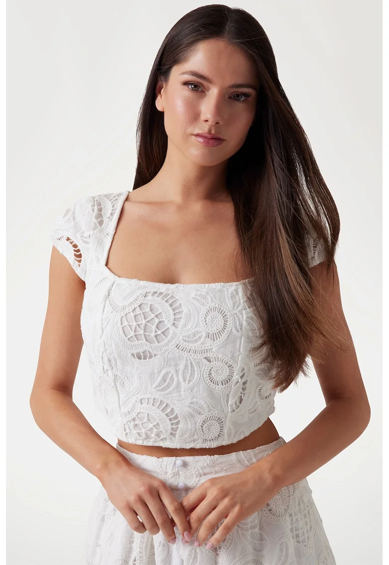 Bluza crop cu perforatii, Alb