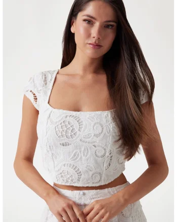 Bluza crop cu perforatii, Alb