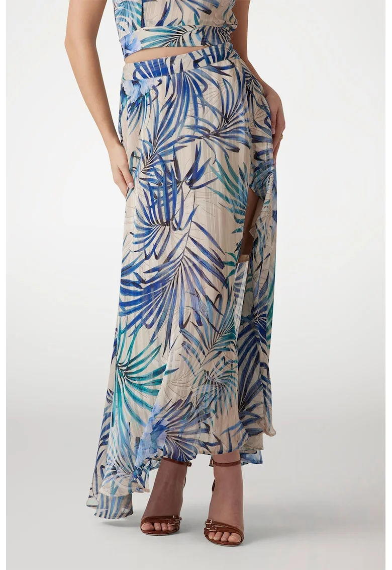 Fusta maxi cu model tropical, Negru/Albastru/Bej deschis