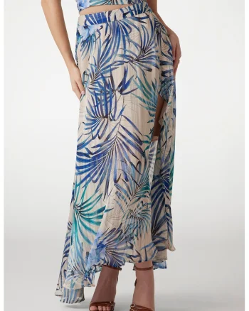 Fusta maxi cu model tropical, Negru/Albastru/Bej deschis