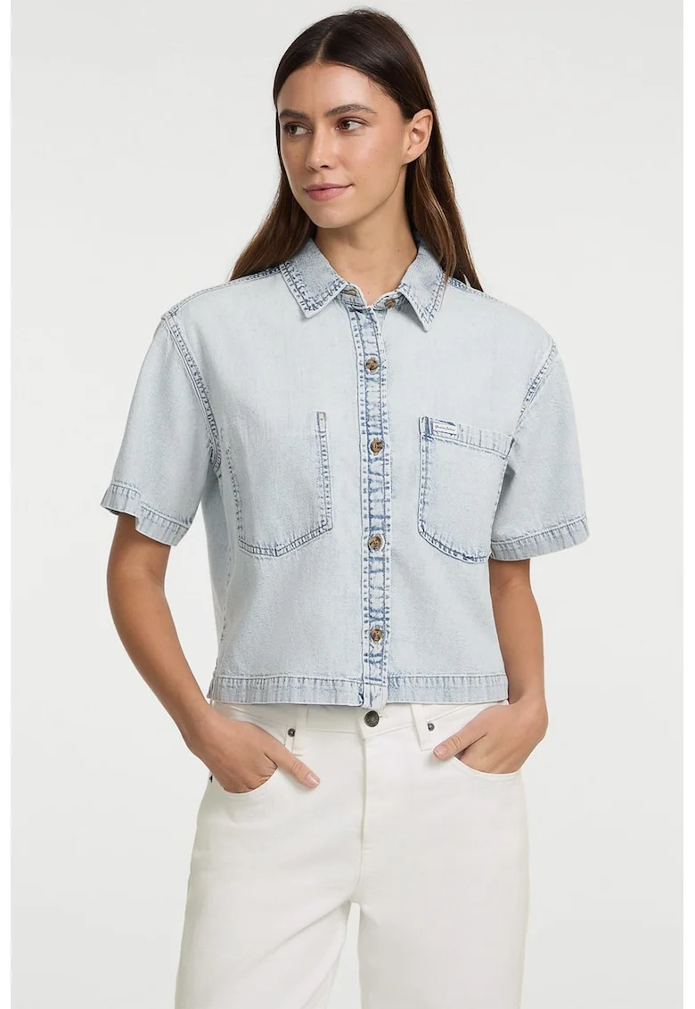Camasa de denim cu aspect decolorat, Albastru glaciar