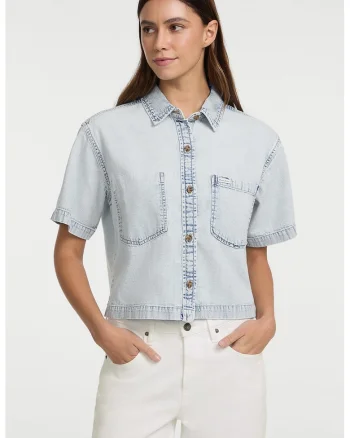 Camasa de denim cu aspect decolorat, Albastru glaciar