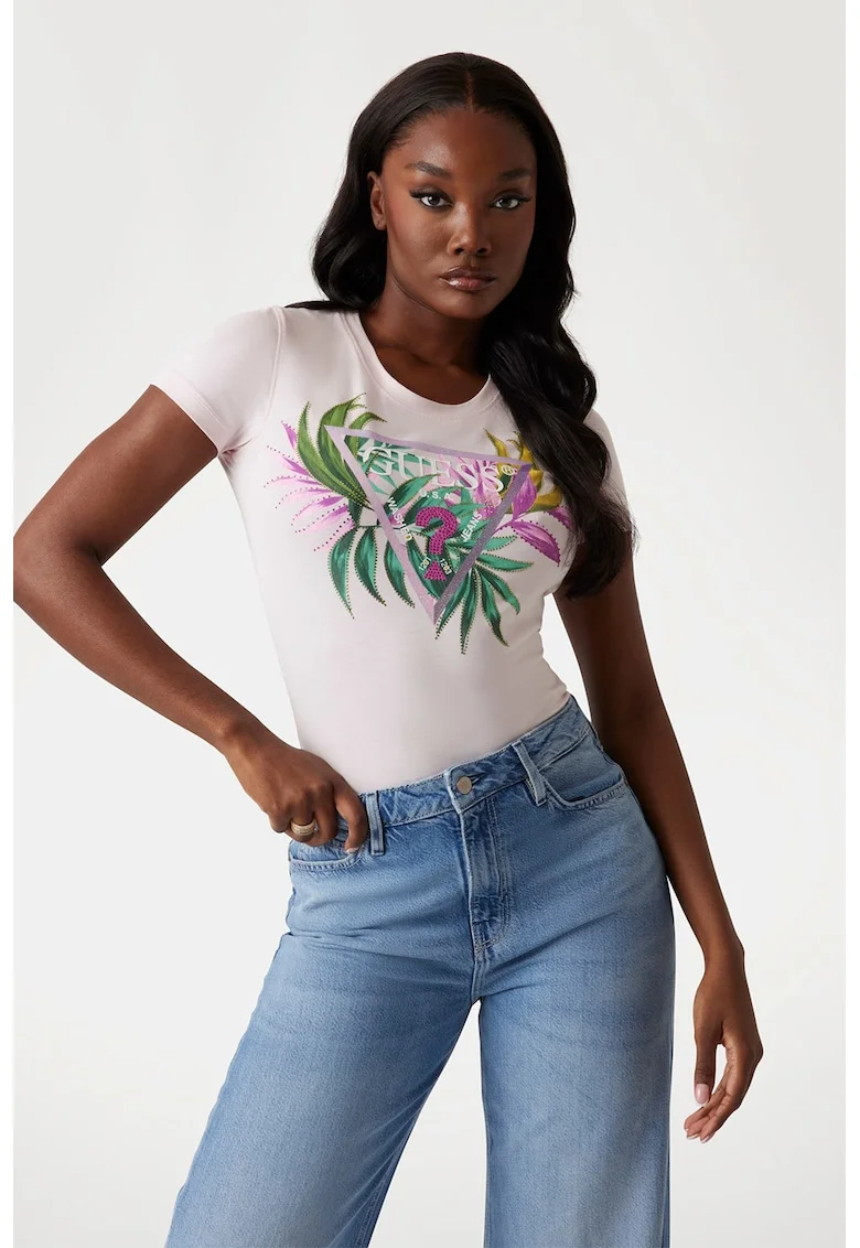 Tricou cu imprimeu floral, Verde/Violet/Roz pal