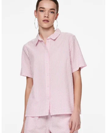 Camasa lejera din bumbac cu model in dungi, Alb/Roz pal
