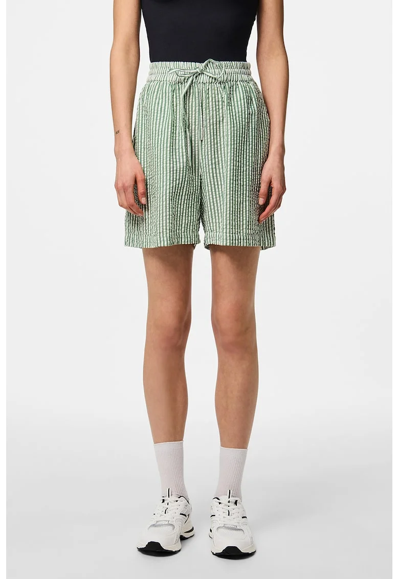 Pantaloni scurti de bumbac cu model in dungi, Alb/Verde pal