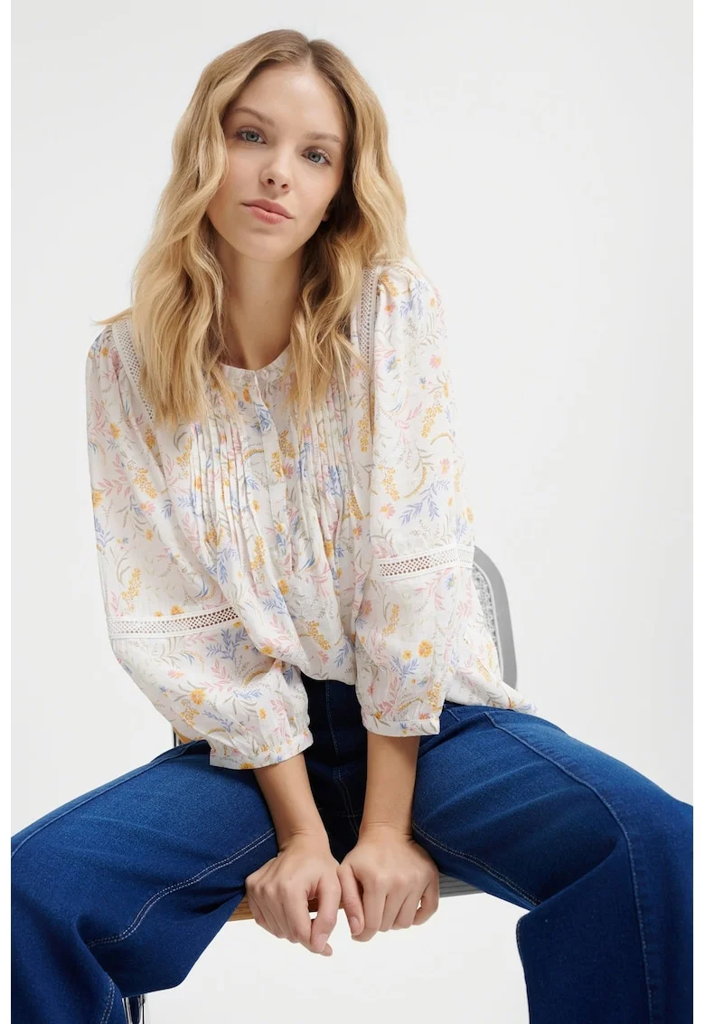 Bluza lejera cu model floral, Alb/Galben/Albastru