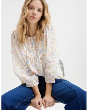 Bluza lejera cu model floral, Alb/Galben/Albastru