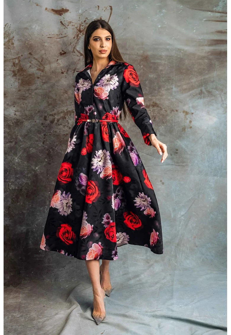 Rochie evazata cu imprimeu floral Zadie, Rosu/Negru