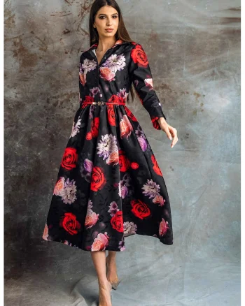 Rochie evazata cu imprimeu floral Zadie, Rosu/Negru