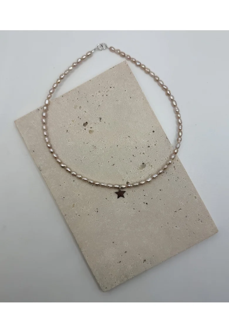 Colier handmade, realizat din perle de cultura, roz, pandantiv stea din argint925, inchiderile argint925