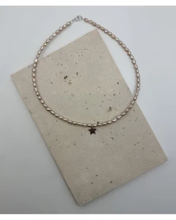 Colier handmade, realizat din perle de cultura, roz, pandantiv stea din argint925, inchiderile argint925