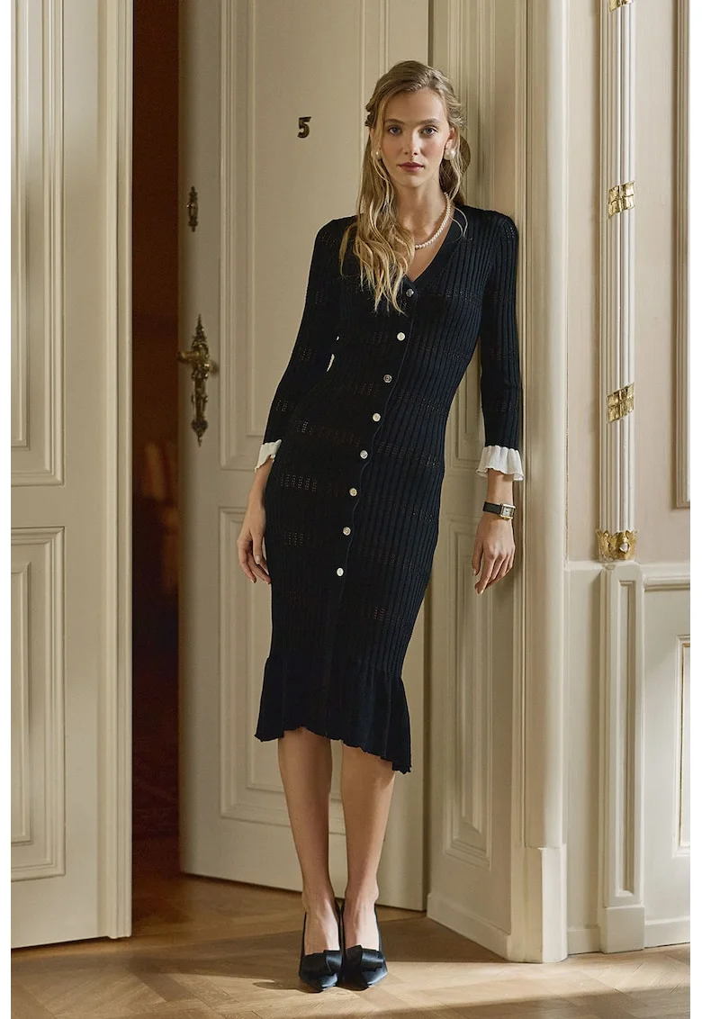 Rochie midi cu decolteu in V, Negru