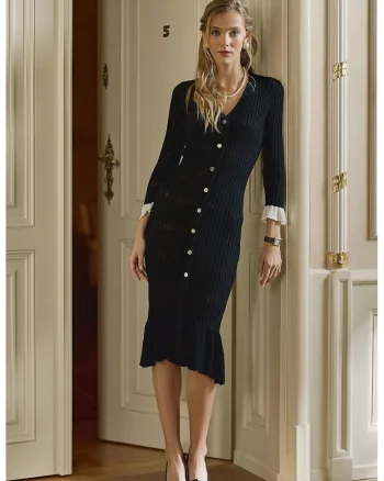 Rochie midi cu decolteu in V, Negru