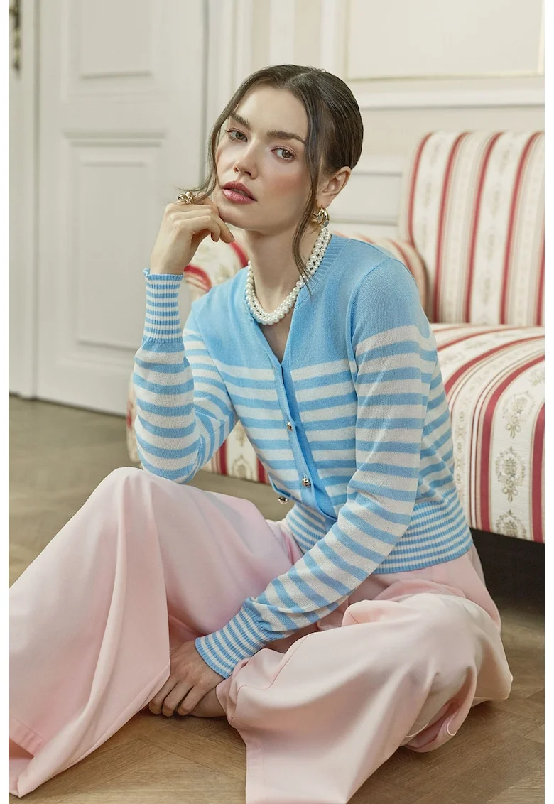 Cardigan cu model in dungi, Albastru deschis/Crem