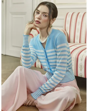 Cardigan cu model in dungi, Albastru deschis/Crem