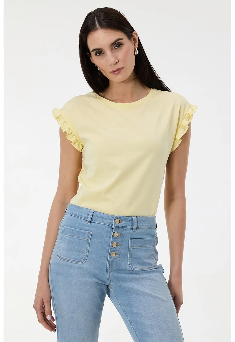 Tricou cu garnitura cu volane pe maneci, Galben