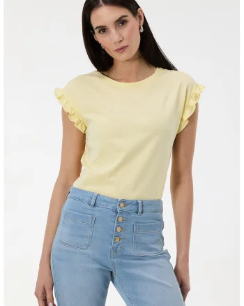 Tricou cu garnitura cu volane pe maneci, Galben