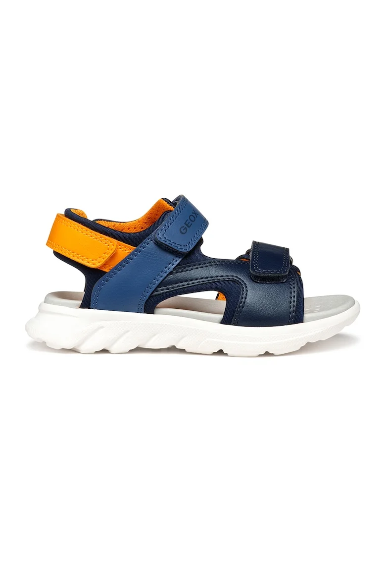 Sandale cu velcro de piele ecologica, Portocaliu/Bleumarin