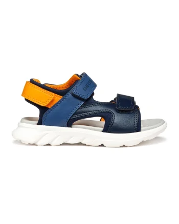 Sandale cu velcro de piele ecologica, Portocaliu/Bleumarin