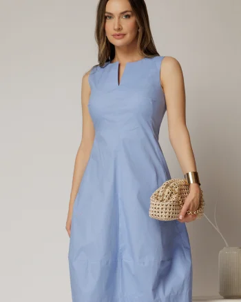 Rochie tip sarafan bleu cu decupaj la bust si fusta gogosar din poplin