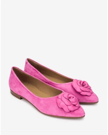 Balerini dama  din piele intoarsa roz cu floare