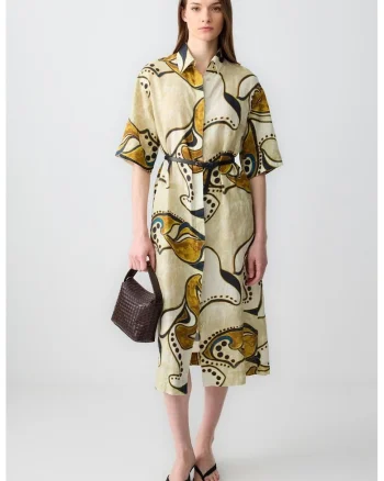 Rochie-camasa midi cu model, Alb/Galben sofran/Galben pal