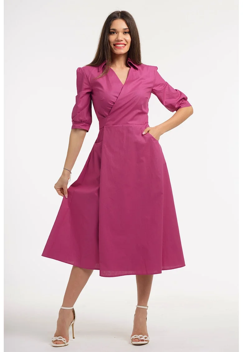 Rochie midi cu decolteu in V, Fucsia