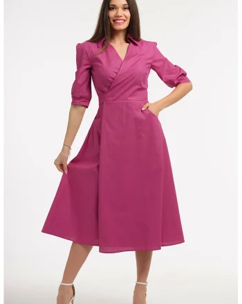 Rochie midi cu decolteu in V, Fucsia