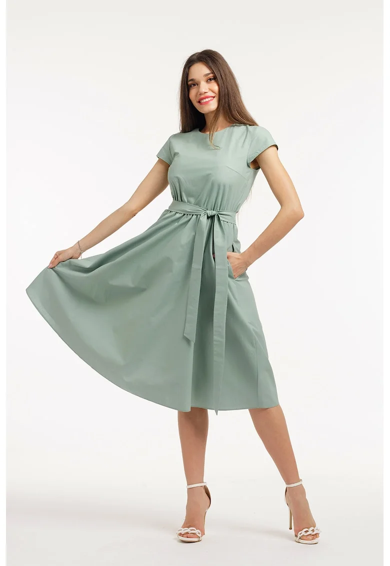 Rochie midi cu croiala evazata si maneci scurte, Verde sparanghel