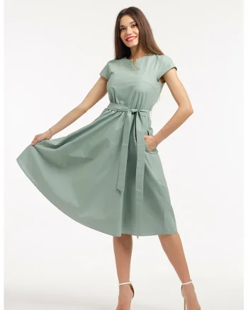 Rochie midi cu croiala evazata si maneci scurte, Verde sparanghel