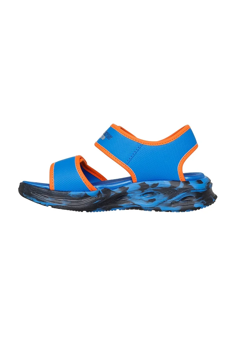 Sandale cu velcro si imprimeu logo, Portocaliu/Albastru