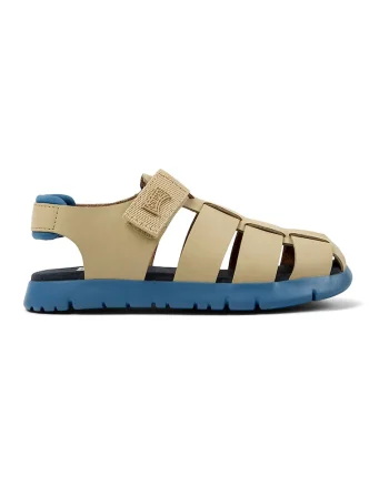 Sandale fisherman de piele cu velcro, Bej/Albastru